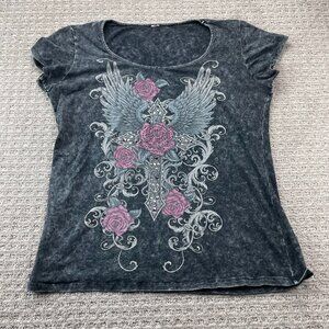 Ride On Graphic T-Shirt Women Gray Back to Back Print Beaded Dazzled Rhinestone